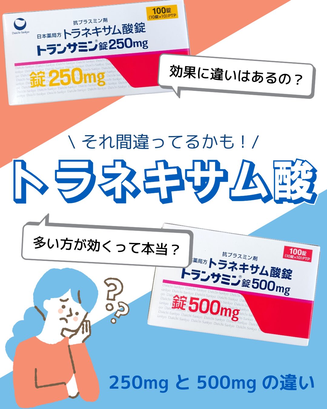 皆様こんにちは😊
ゆめビューティークリニックです🤍)）

@youmebeautyclinic

💊 トラネキサム酸、なんとなく選んでない？

「多い方が効きそう」って理由で 500mg選んでる方、意外と多いです👀💭
でも実は… 量＝効果の強さではありません⚠️

✔ とりあえず500mgにしてる ✔ なんとなく続けてる ✔ 自己判断で増やしてる
これ、もしかしたら あなたの肌に合ってない使い方かも😢

トラネキサム酸は 🩺 目的（肝斑・くすみ） 🩺 肌状態 🩺 体質 によって、適切な量が変わります💡

📌 大事なのは 「多いか少ないか」ではなく 👉 自分に合っているかどうか

スワイプして👉 ✔ 250mgと500mgの違い ✔ あなたに合う選び方 をチェックしてみてください✨

📌 保存して後で見返すのもおすすめ 💬 気になる方はお気軽にご相談ください

✅料金
トラネキサム酸
250mg：100錠　￥3,630（税込）
500mg：100錠　￥5,930（税込）

美白内服セット４種
トラネキサム酸250mgの場合　各100錠　￥6,500（税込）
トラネキサム酸500mgの場合　各100錠　￥8,800（税込）

📲0120-313-170
営業時間🕙10:00~18:00

#トラネキサム酸#トランサミン#美肌内服#肝斑#肌管理